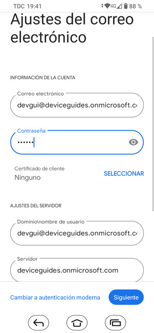 Introduzca Nombre de usuario y la dirección de servidor Exchange. Seleccione Siguiente