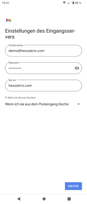 Geben Sie Benutzername und die Server-Adresse für eingehende Post ein. Wählen Sie WEITER