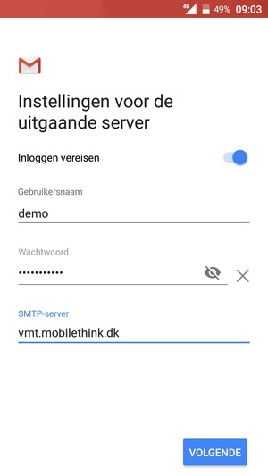 Voer Uitgaand serveradres in en selecteer VOLGENDE