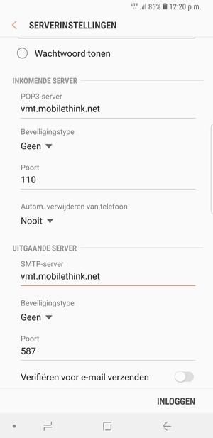 Schakel Verifiërem voor e-mail verzenden uit en and selecteer INLOGGEN