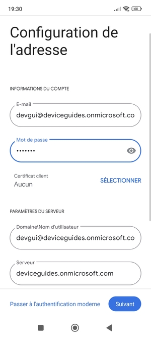 Saisissez votre Nom d'utilisateur et l'adresse du serveur Exchange. Sélectionnez Suivant