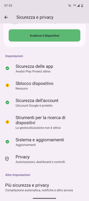 Per cambiare il PIN della scheda SIM, vai al menu Sicurezza e privacy e  seleziona Piú sicurezza e privacy