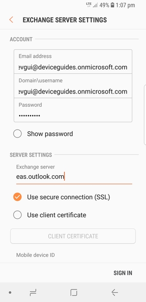 Enter Username and Exchange server address. Select SIGN IN