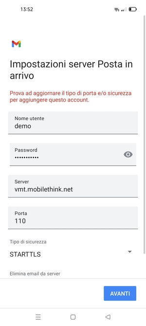 Seleziona Tipo di sicurezza