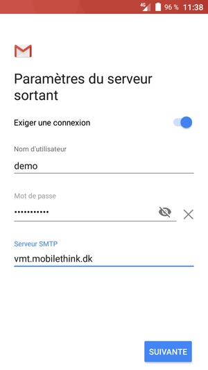 Saisissez l'adresse du serveur sortant et sélectionnez SUIVANTE