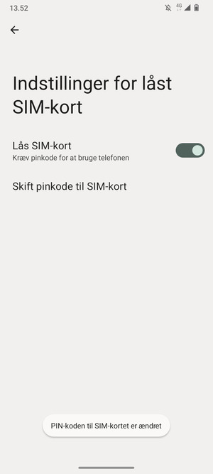 Din PIN-kode til SIM-kort er nu ændret