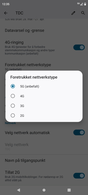 Velg ønsket alternativ