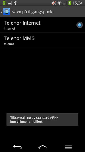 Telefonen din vil tilbakestilles til standard internett-og MMS-innstillinger