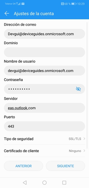 Introduzca la dirección de servidor Exchange y seleccione SIGUIENTE