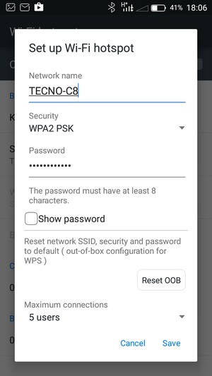 Enter a Wi-Fi hotspot password of at least 8 characters and select SAVE