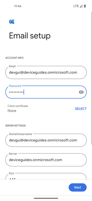 Enter Username and Exchange server address. Select Next