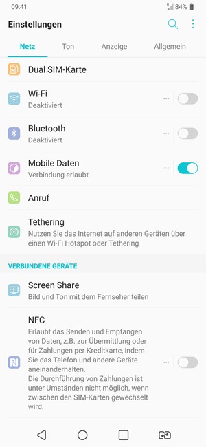 Wählen Sie Netz und Tethering