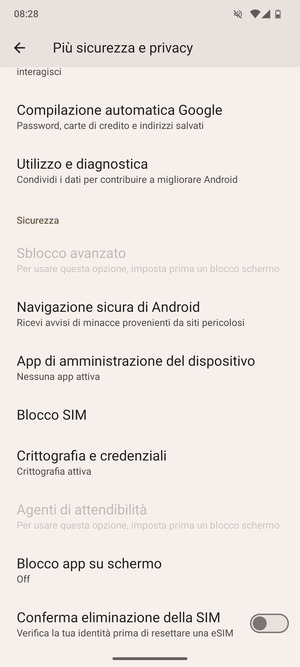 Scorri e seleziona Blocco SIM