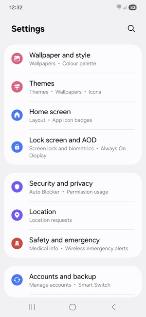 Scroll to and select Security and privacy