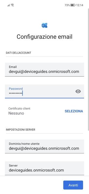 Inserisci Nome utente e l'indirizzo del server Exchange. Seleziona Avanti