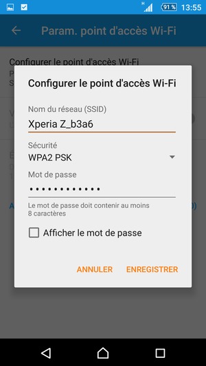 Saisissez un mot de passe de hotspot Wi-Fi d'au moins 8 caractères et sélectionnez ENREGISTRER