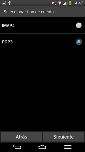 Seleccione IMAP4 o POP3 y seleccione Siguiente