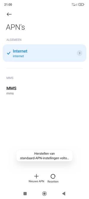 Uw telefoon wordt teruggezet naar standaard internet- en mms-instellingen