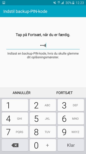 Indtast en Backup-PIN-kode og vælg FORTSÆT
