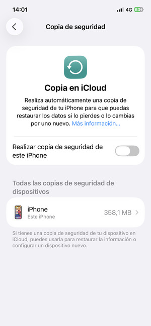 Active Realizar copia de seguridad de este iPhone
