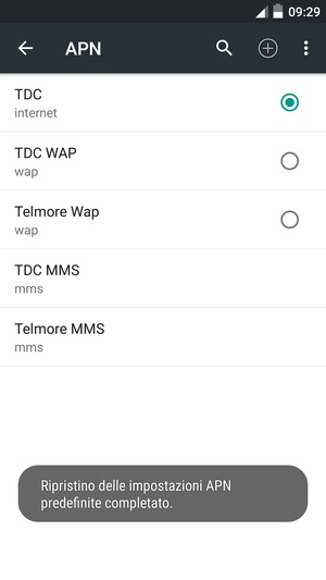 Le impostazioni del tuo telefono saranno ripristinate secondo le impostazioni internet e MMS predefinite