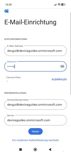 Geben Sie Benutzername und Exchange Server-Adresse ein. Wählen Sie Weiter