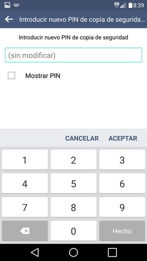 Introduzca un PIN de copia de seguridad y seleccione ACEPTAR