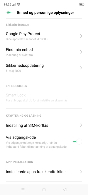 Scroll til og vælg Indstilling af SIM-kortlås