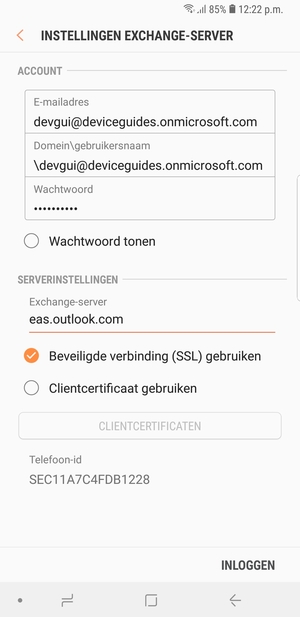 Voer Gebruikersnaam en Exchange serveradres in. Selecteer INLOGGEN