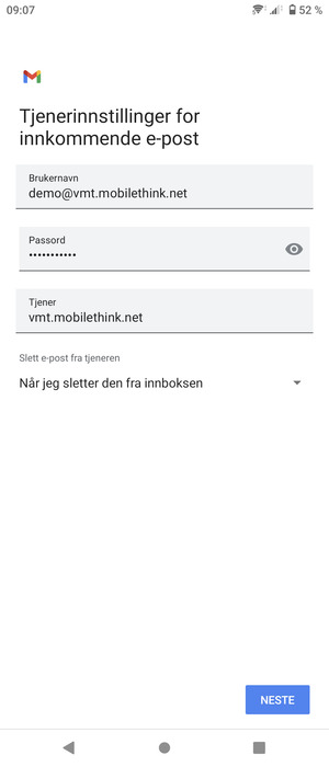 Skriv inn Brukernavn og innkommende serveradresse. Velg NESTE