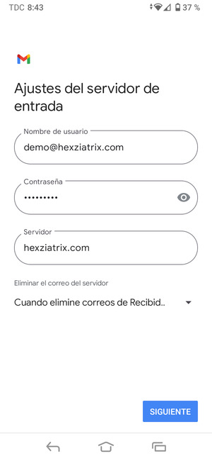 Introduzca Nombre de usuario y la dirección de servidor entrante. Seleccione SIGUIENTE