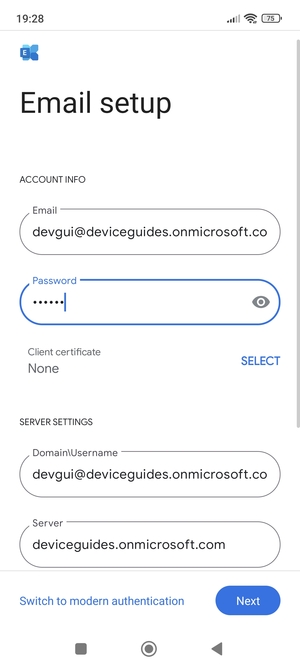 Enter Username and Exchange server address. Select Next