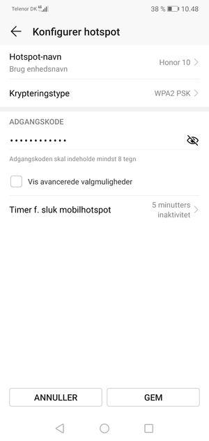 Indtast en Wi-Fi-hotspot adgangskode på minimum 8 tegn og vælg GEM