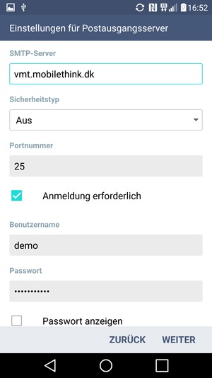 Geben Sie die Server-Adresse für ausgehende Post ein