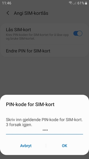 Skriv inn Gjeldende PIN-kode for SIM-kort og velg OK
