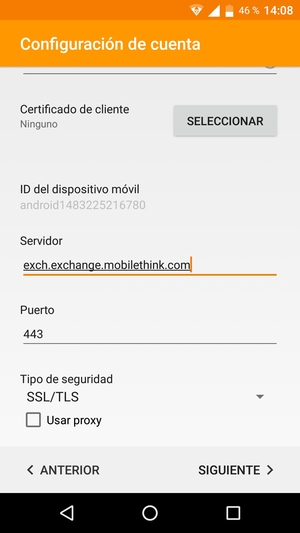 Desplácese hacia abajo e introduzca la dirección del servidor Exchange