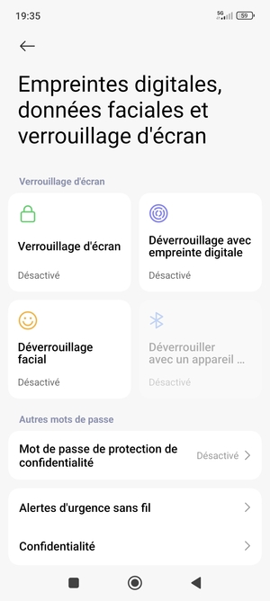 Pour activer votre verrouillage d'écran, retournez au menu Empreintes digitales, données faciales et verrouilage de l'ecran et appuyez sur Verrouillage d'écran