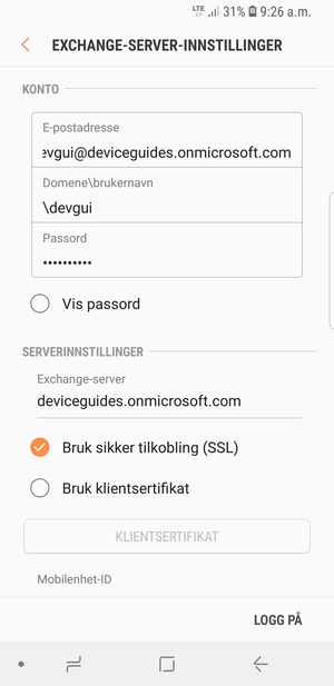 Skriv inn Brukernavn og Exchange serveradresse. Velg LOGG PÅ