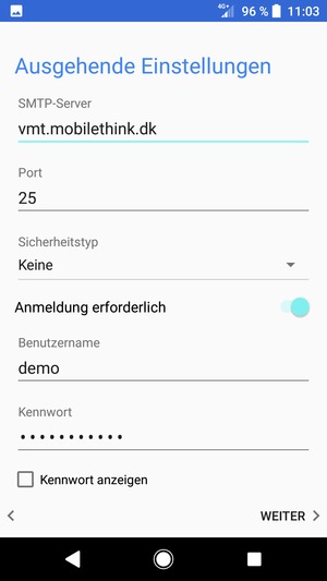 Geben Sie die Server-Adresse für ausgehende Post ein