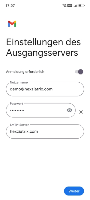Geben Sie die Server-Adresse für ausgehende Post ein und wählen Sie Weiter