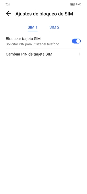 Seleccione SIM 1 o SIM 2 y seleccione Cambiar PIN de tarjeta SIM