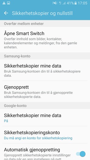 Velg Sikkerhetskopieringskonto