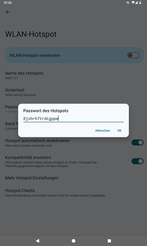 Geben Sie eine WLAN-Hotspot-Passwort mit mindestens 8 Zeichen ein und wählen Sie OK