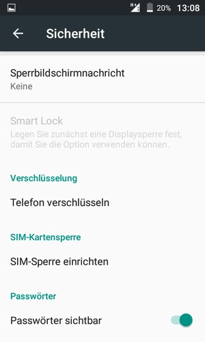 Um die PIN für die SIM-Karte zu wechseln, gehen Sie zum Sicherheit Menü zurück und wählen Sie SIM-Sperre einrichten