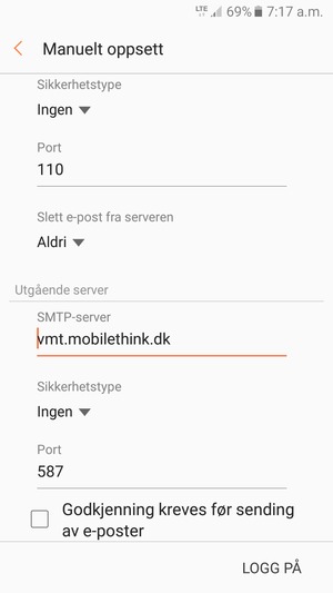 Fjern krysset i avkrysningsboksen Godkjenning kreves før sending av e-poster og velg LOGG PÅ