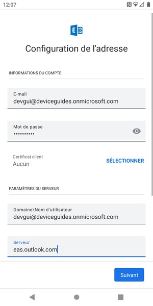 Saisissez votre Nom d'utilisateur et l'adresse du serveur Exchange. Sélectionnez Suivant