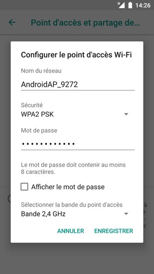 Saisissez un mot de passe de hotspot Wi-Fi d'au moins 8 caractères et sélectionnez ENREGISTRER