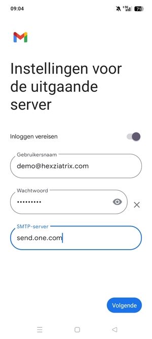 Voer Uitgaand serveradres in en selecteer Volgende