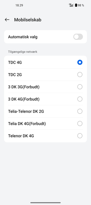 Vælg en netværksudbyder fra listen