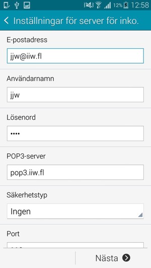 Ange Användarnamn och inkommande serveradress. Välj Nästa